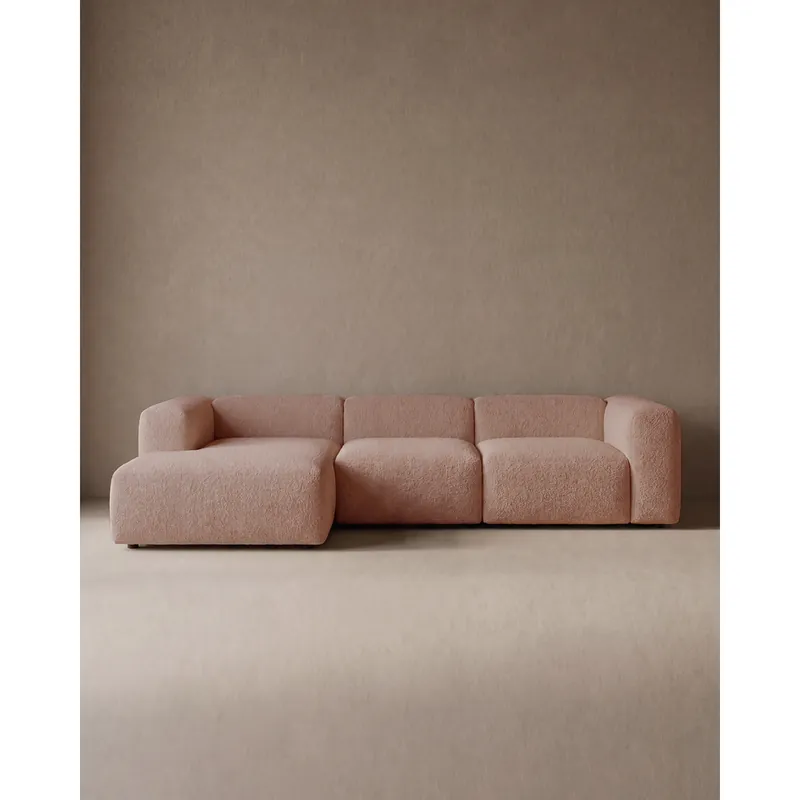 Sofá de 3 módulos con chaise longue izquierdo de bouclé color rosa 330x172cm - Mobiliario