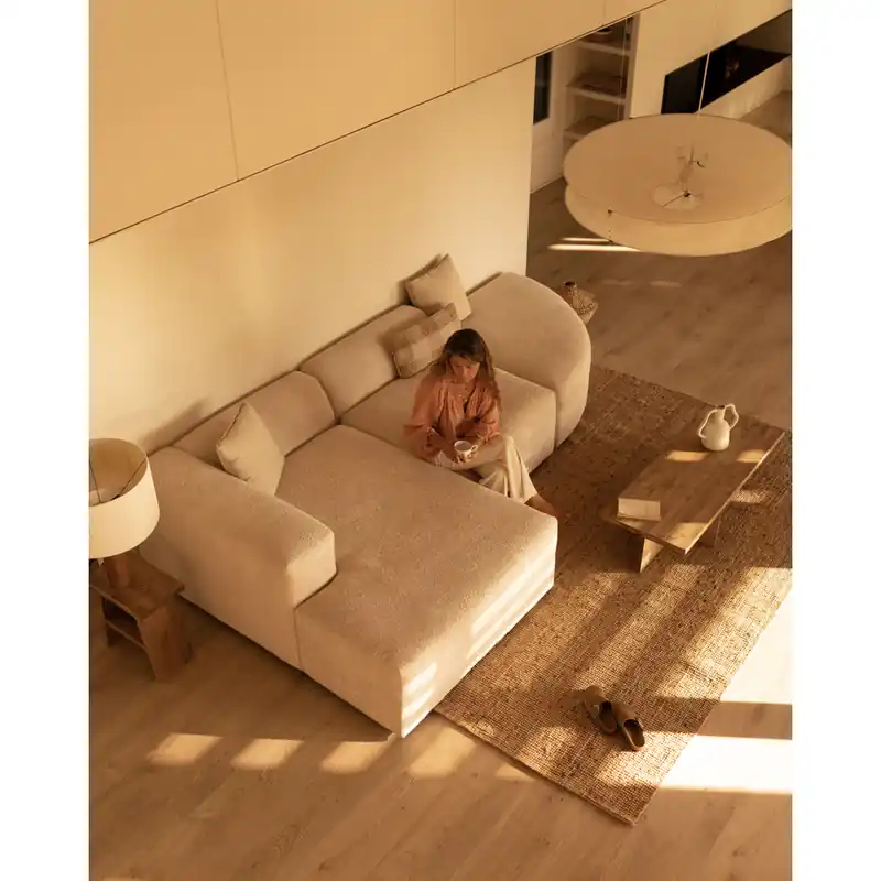 Sofá de 3 módulos curvo con chaise longue izquierdo de bouclé color beige 320x172cm - Mobiliario