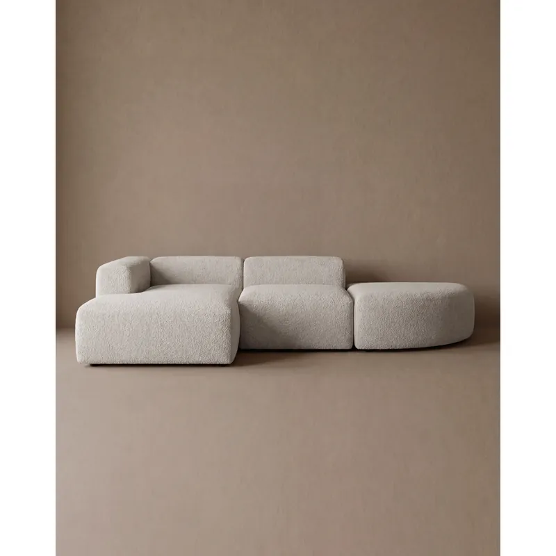 Sofá de 3 módulos curvo con chaise longue izquierdo de bouclé color gris claro 320x172cm - Mobiliario