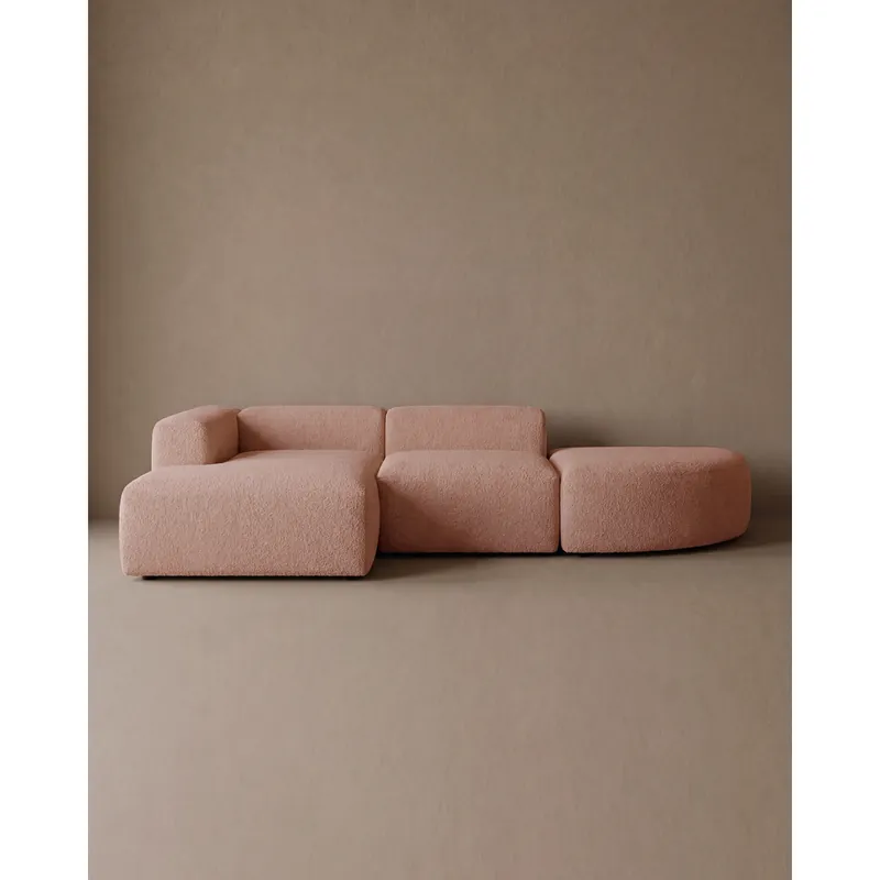 Sofá de 3 módulos curvo con chaise longue izquierdo de bouclé color rosa 320x172cm - Mobiliario