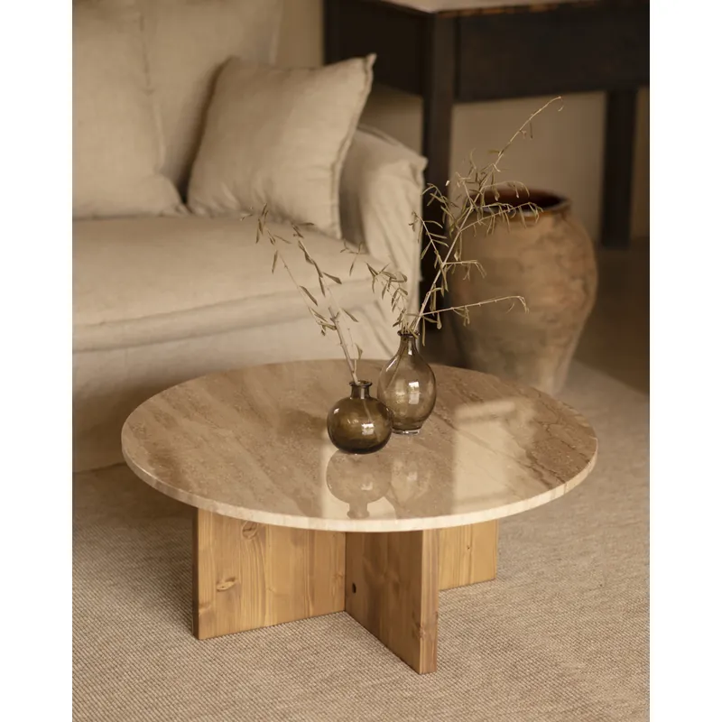 Mesa de centro redonda de mármol daino reale y patas de madera maciza de Ø60cm - Mesas de centro