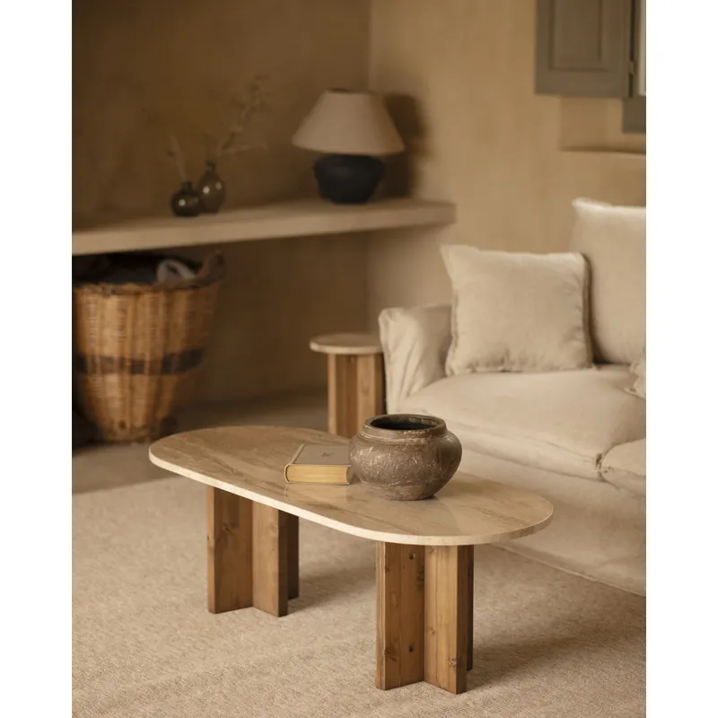 Mesa de centro de mármol daino reale y patas de madera maciza de 120x50cm - Mesas de centro