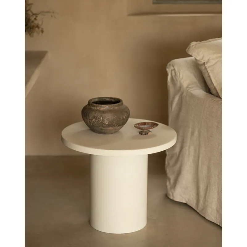 Mesa de centro redonda de microcemento en tono blanco roto de 60x33cm - Mesas de centro