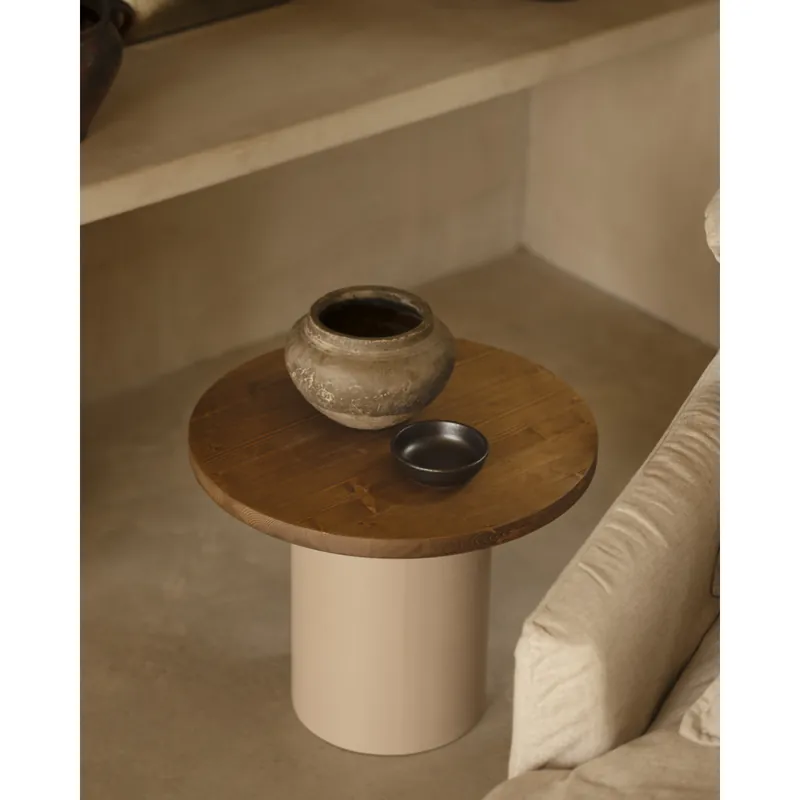 Mesa de centro redonda de madera maciza tono roble oscuro y pata de microcemento tono tierra de 60x33cm - Mesas de centro