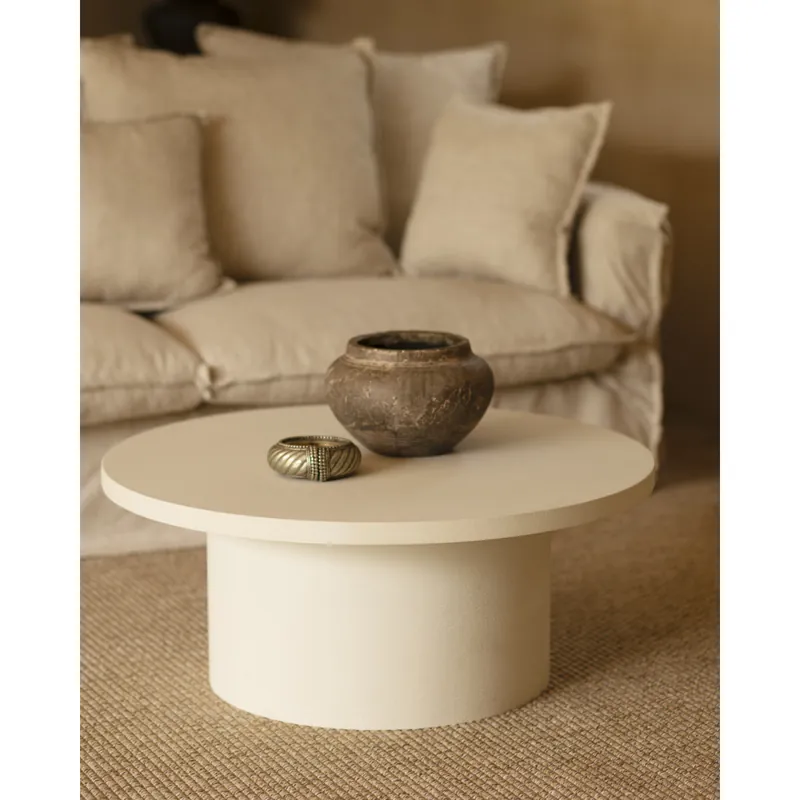 Mesa de centro redonda de microcemento en tono blanco roto de 80x33cm - Mesas de centro
