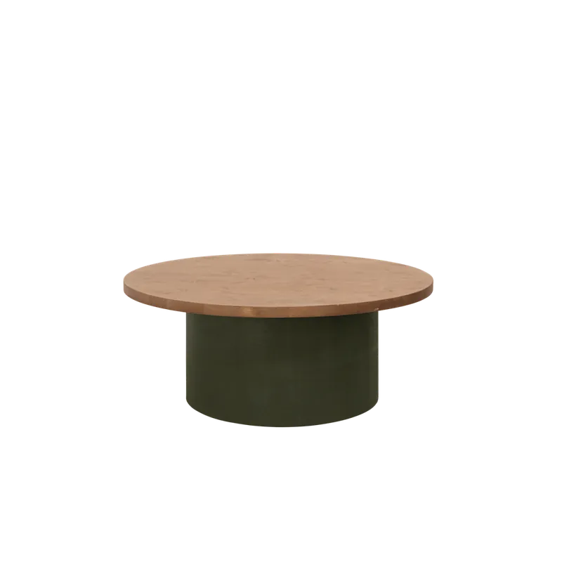 Mesa de centro redonda de madera maciza tono roble oscuro y pata de microcemento tono verde de 80x33cm - Mesas de centro