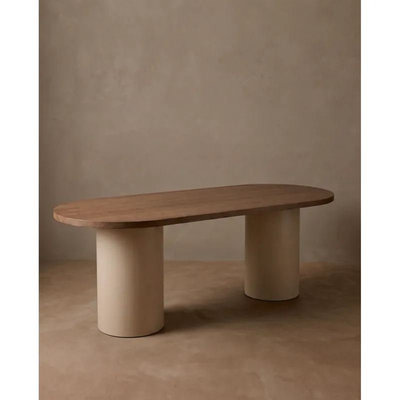 Mesa de comedor ovalada de madera maciza tono roble oscuro y patas de microcemento en tono tierra 160cm - Mesas de comedor