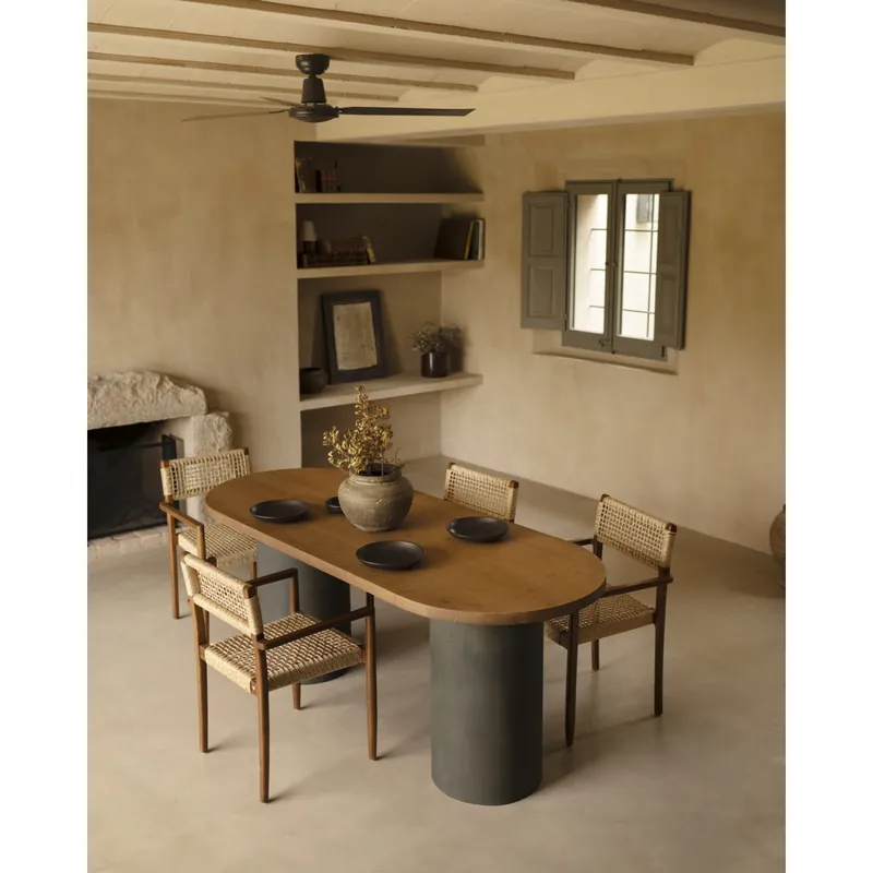 Mesa de comedor ovalada de madera maciza tono roble oscuro y patas de microcemento en tono verde de 160cm - Mesas de comedor