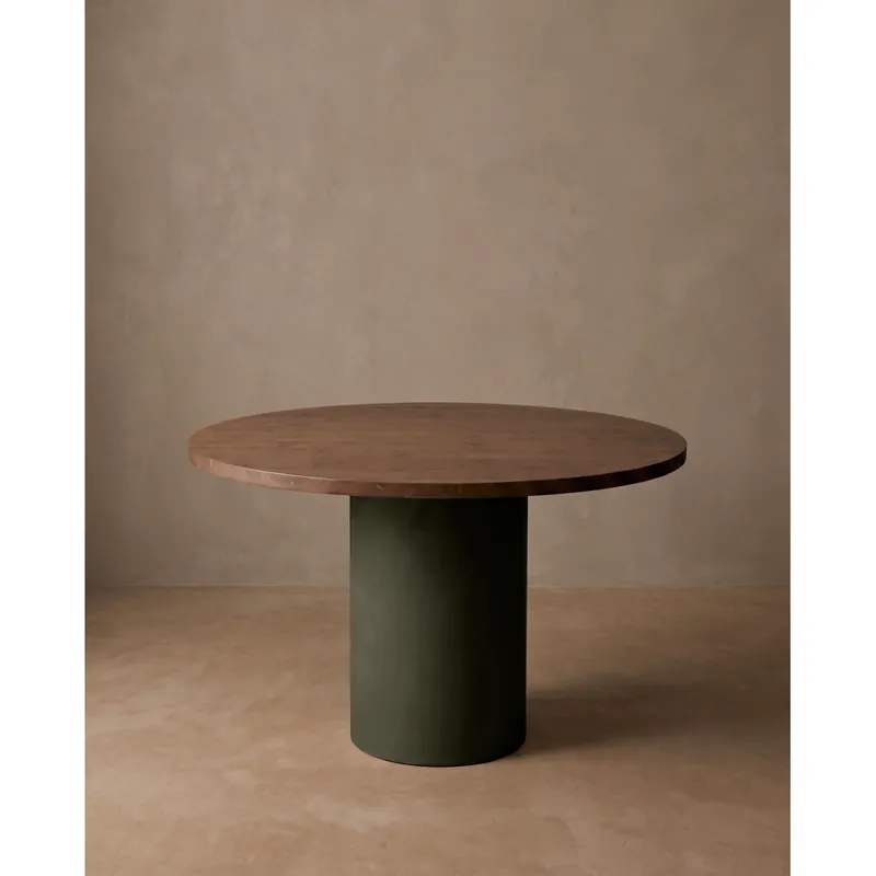 Mesa de comedor redonda de madera maciza tono roble oscuro y patas de microcemento en tono verde de 100cm - Mesas de comedor
