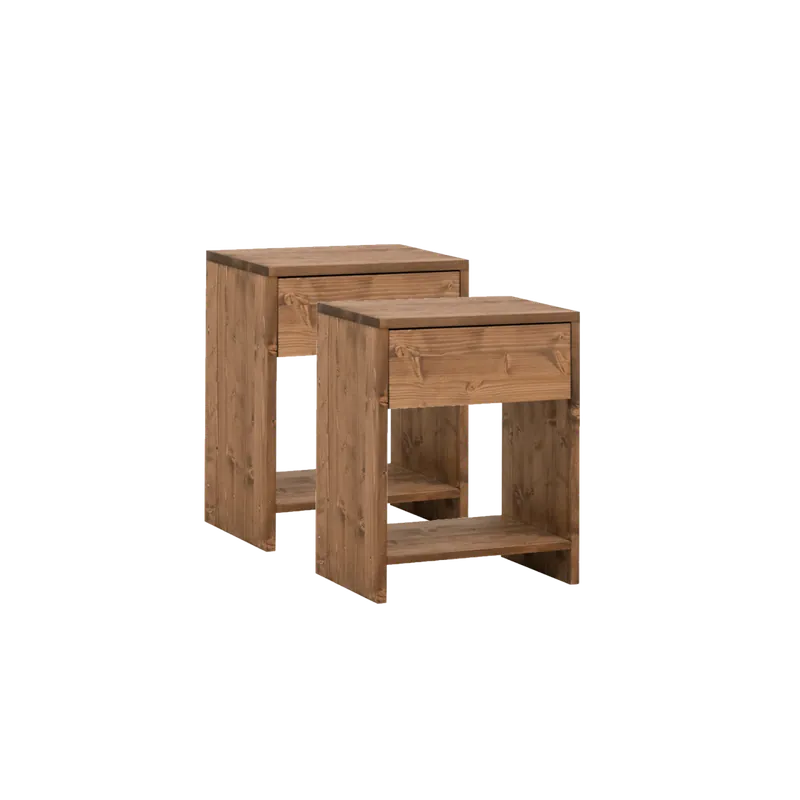 Pack de 2 mesitas de noche de madera maciza con un cajón en tono roble oscuro de 40x40cm