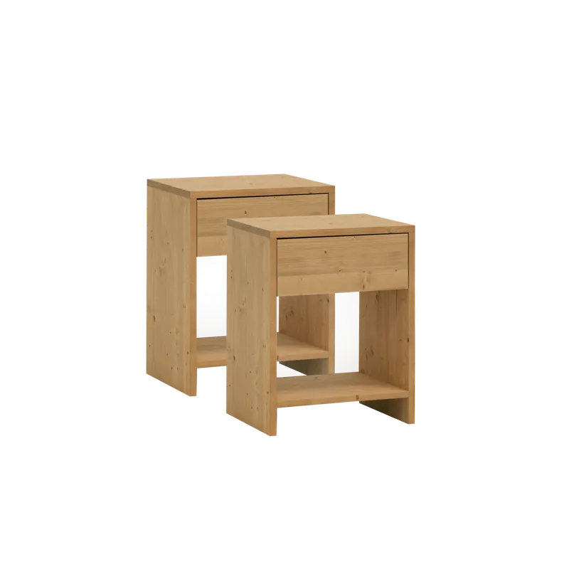 Pack de 2 mesitas de noche de madera maciza con un cajón en tono roble medio de 40x40cm