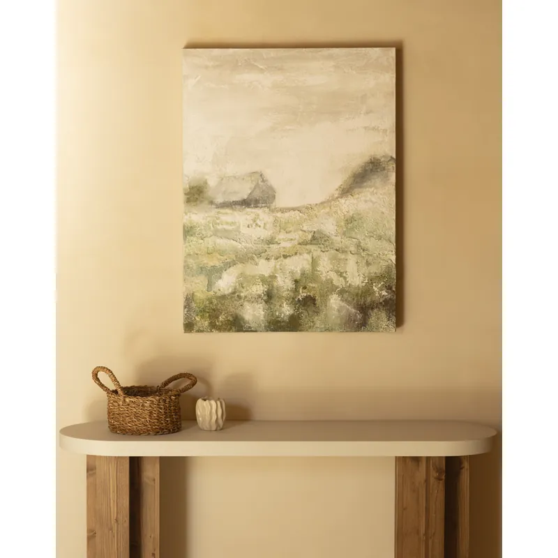 Cuadro beige y verde decorativo sobre algodón con bastidor de madera pintado artesanalmente con pintura al óleo de 80x60cm - Decoración mural