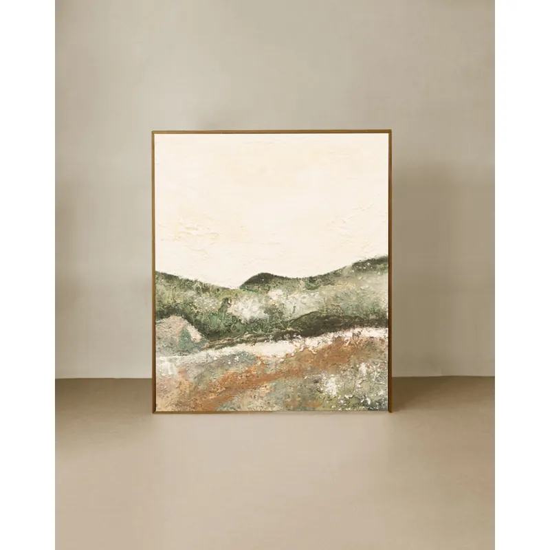Cuadro beige y verde decorativo sobre algodón con bastidor de madera pintado artesanalmente con pintura al óleo de 80x60cm - Decoración mural