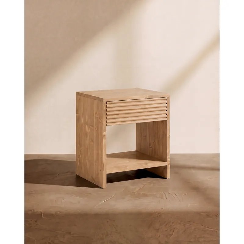 Mesita de noche de madera maciza con un cajón en tono roble medio de 40x40cm - Mesitas de noche