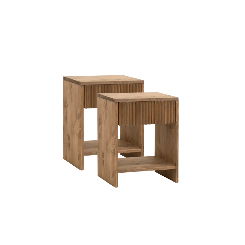 Pack de 2 mesitas de noche de madera maciza con un cajón en tono roble oscuro de 40x40cm - Inicio