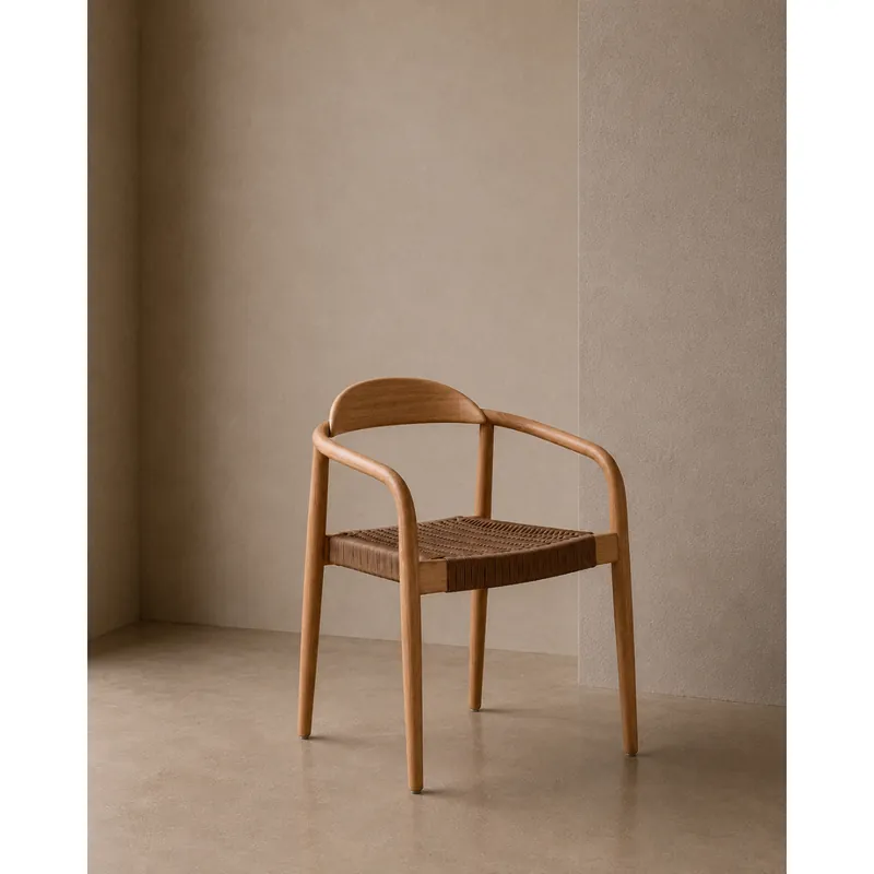 Silla de madera de olmo y asiento trenzado de nylon color marrón de 78x58cm - Sillas