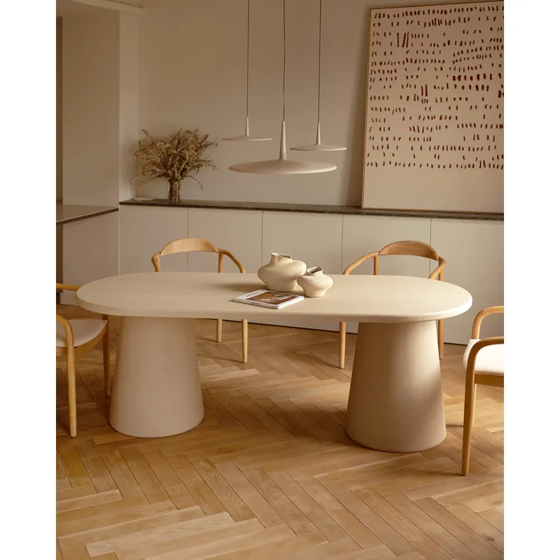 Mesa de comedor ovalada de microcemento tono beige de 160x80cm - Mesas de comedor