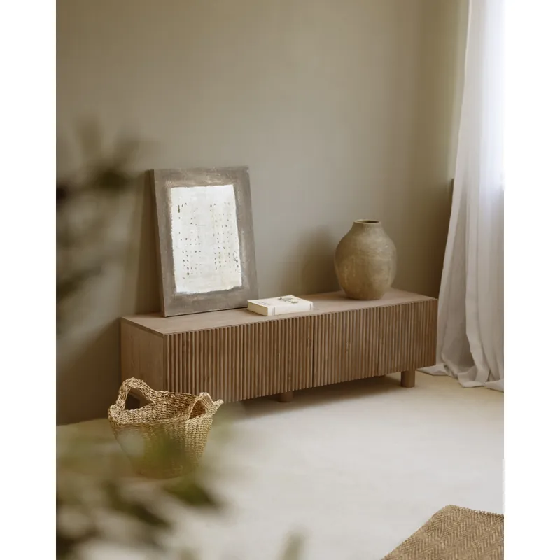 Mueble TV de madera de abeto y pino en tono roble oscuro 152x42cm - Muebles TV