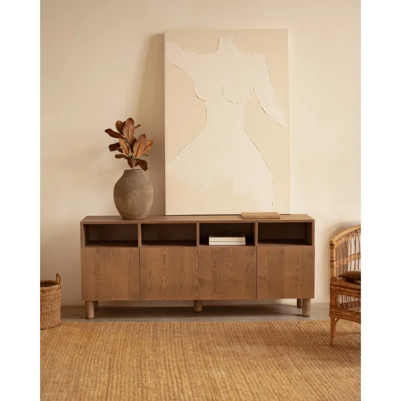 Aparador con 4 puertas de chapa de madera de fresno natural en tono avellana de 176x40cm - Envío rápido