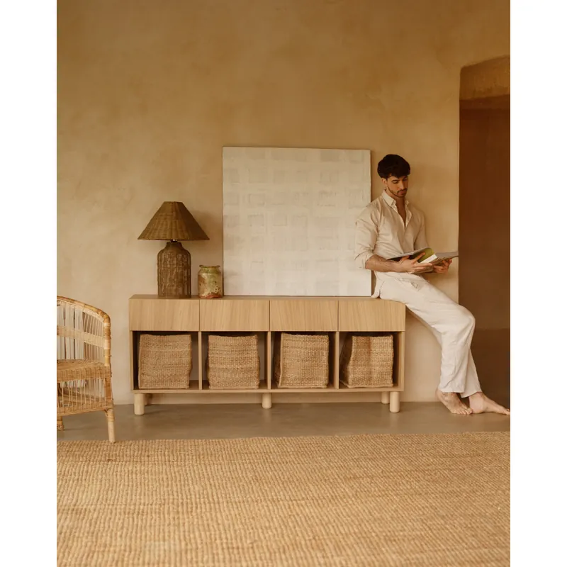 Aparador con 4 cajones de chapa de madera de roble natural de 176x40cm - Envío rápido
