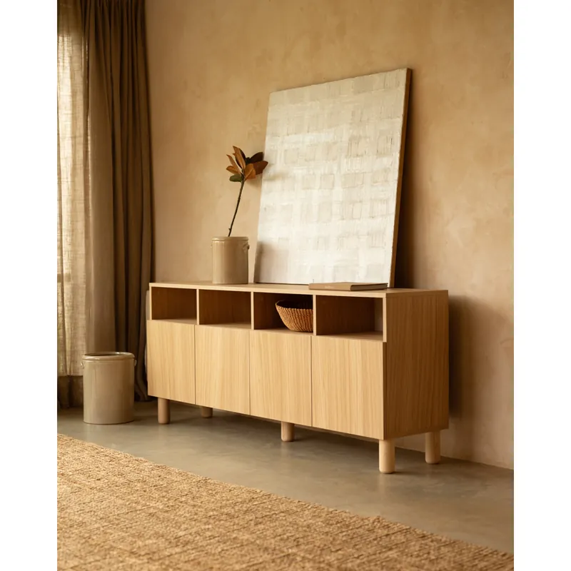 Aparador con 4 puertas de chapa de madera de roble natural de 176x40cm - Envío rápido