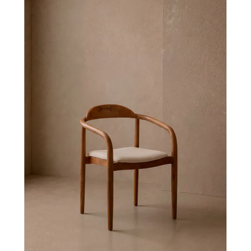 Silla de madera de olmo en tono roble oscuro y asiento tapizado color beige de 78x58cm - Sillas