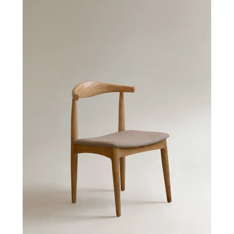 Silla de madera de olmo en tono natural y asiento tapizado color topo de 79x49cm - Sillas