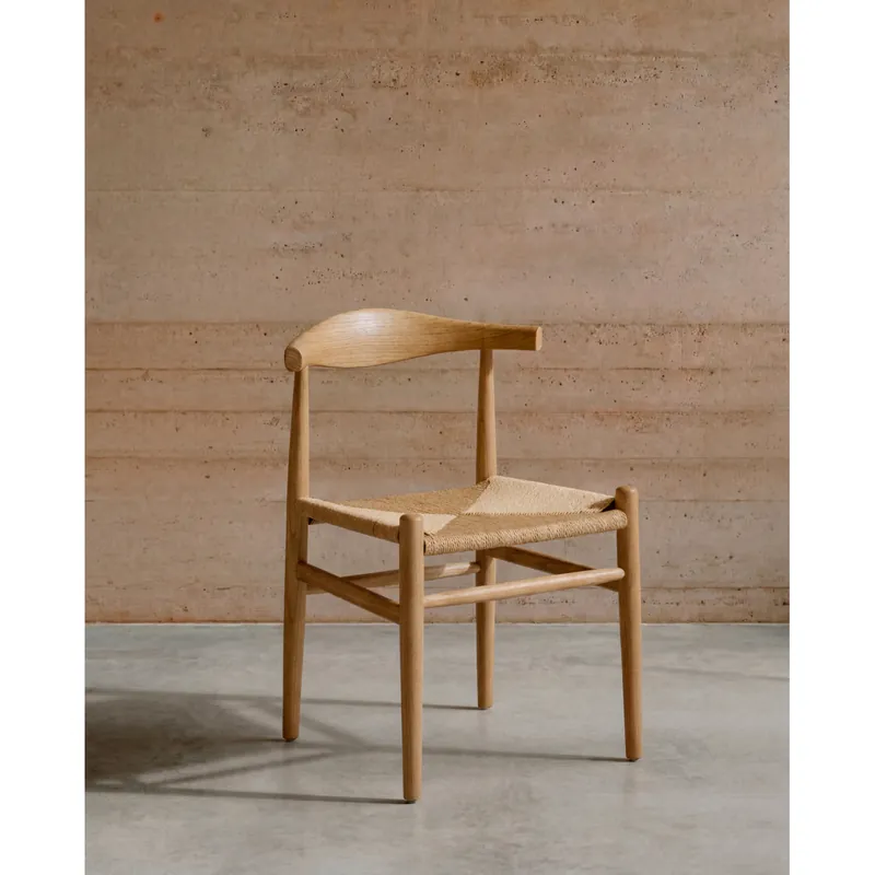 Silla de madera de olmo y asiento trenzado de cuerda en tono natural de 78x51cm - Sillas
