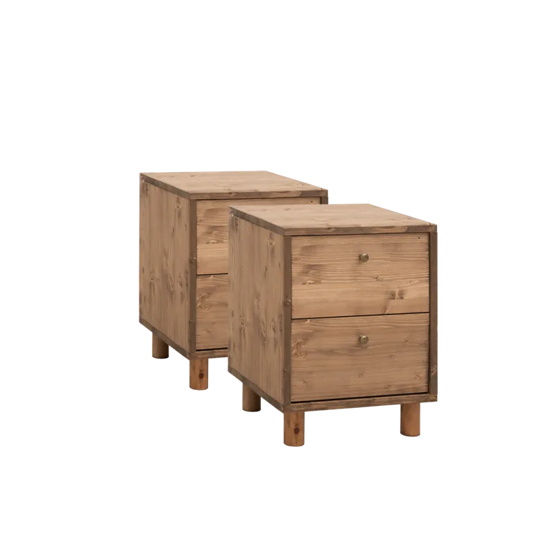 Pack de 2 mesitas de noche de madera maciza con dos cajónes en tono roble oscuro de 51x38cm