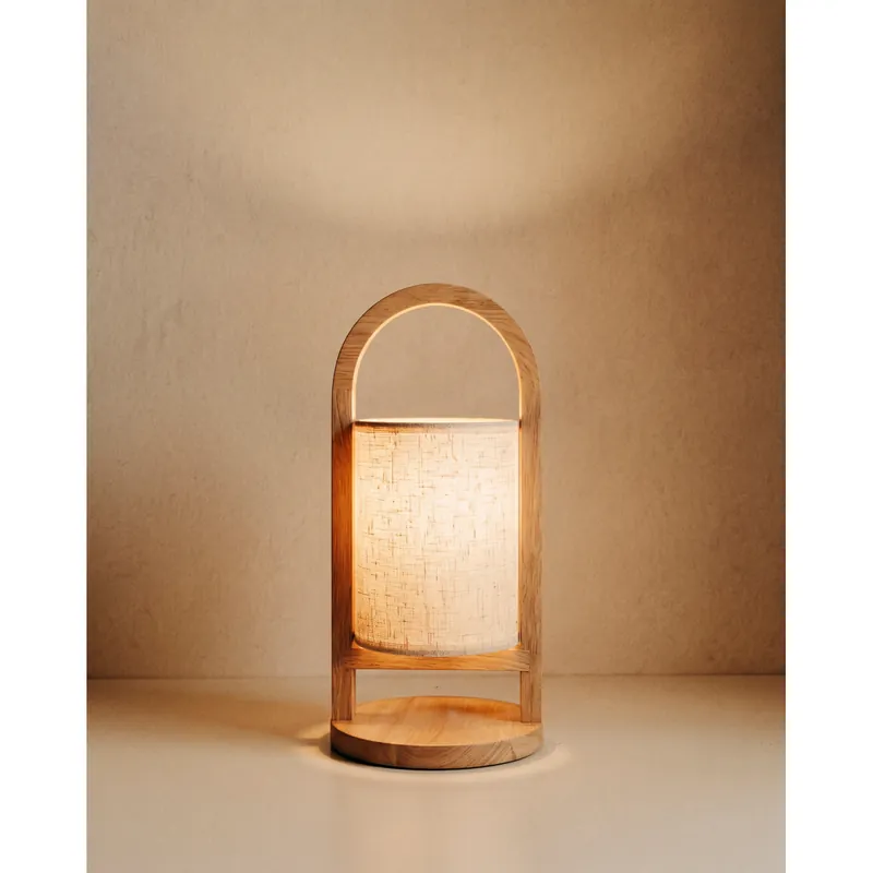 Lámpara de mesa de madera y tela color natural de 30cm - Inicio