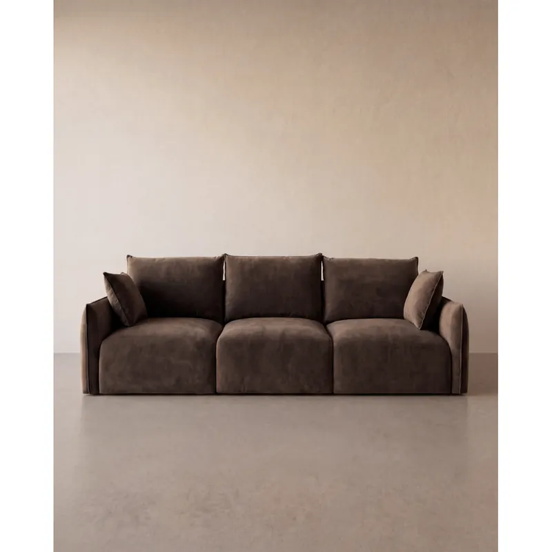 Sofá recto 3 plazas de terciopelo en tono marrón chocolate de 307x108cm - Inicio