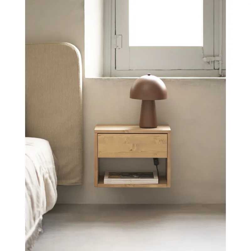 Mesita de noche de madera maciza en tono roble medio de 42x32cm - Inicio