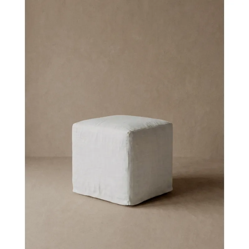 Puff cuadrado de lino desenfundable en tono blanco de 40x42cm - Inicio