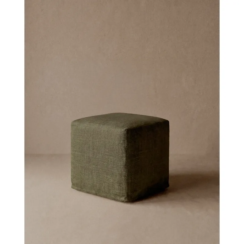Puff cuadrado de lino desenfundable en tono verde de 40x42cm - Inicio