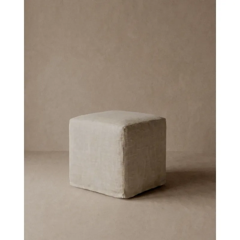 Puff cuadrado de lino desenfundable en tono beige de 40x42cm - Inicio