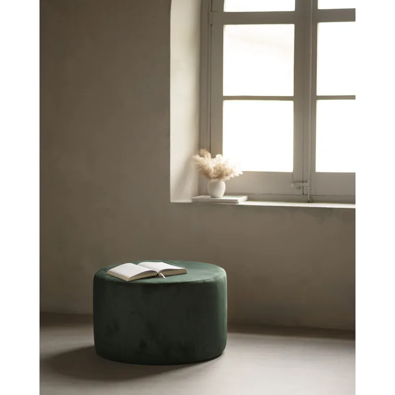 Puff redondo de terciopelo en tono verde 70x42cm - Inicio
