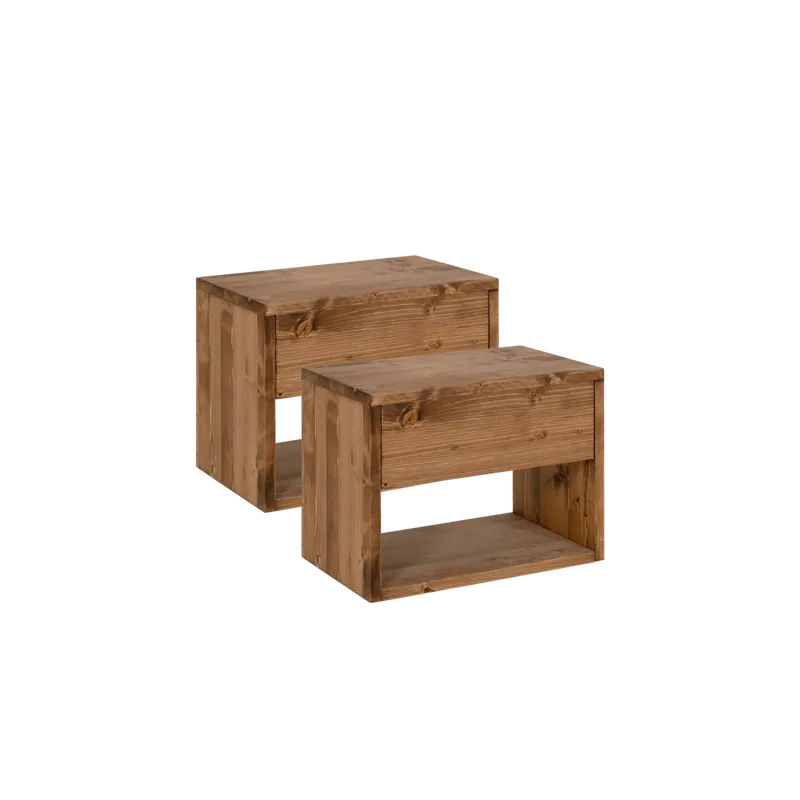 Pack de 2 mesitas de noche de madera maciza en tono roble oscuro de 42x32cm - Inicio