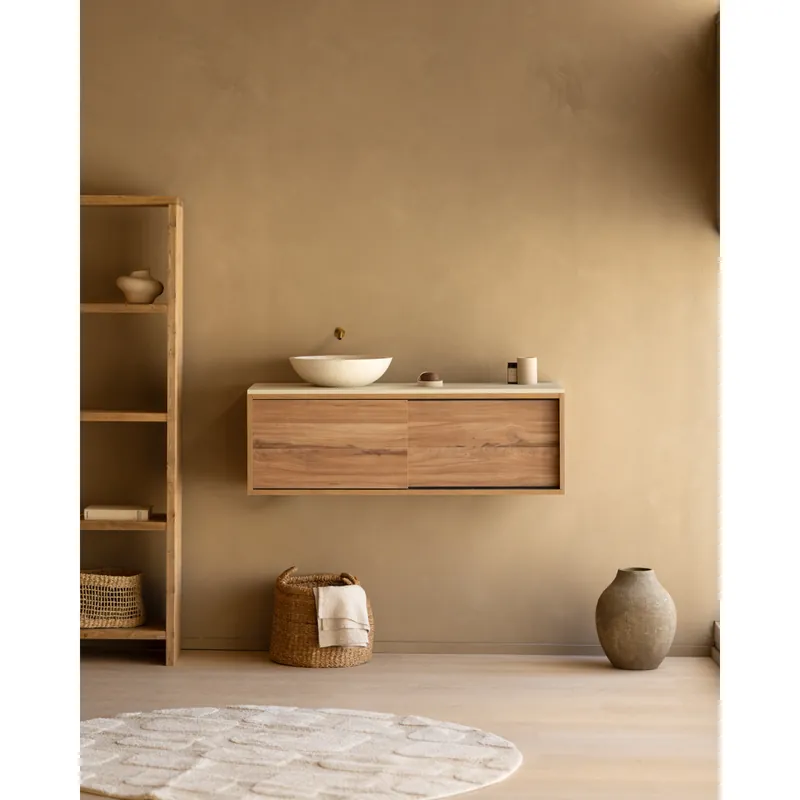 Mueble de baño de melamina en roble oscuro y microcemento en tono blanco roto de 120cm - Inicio