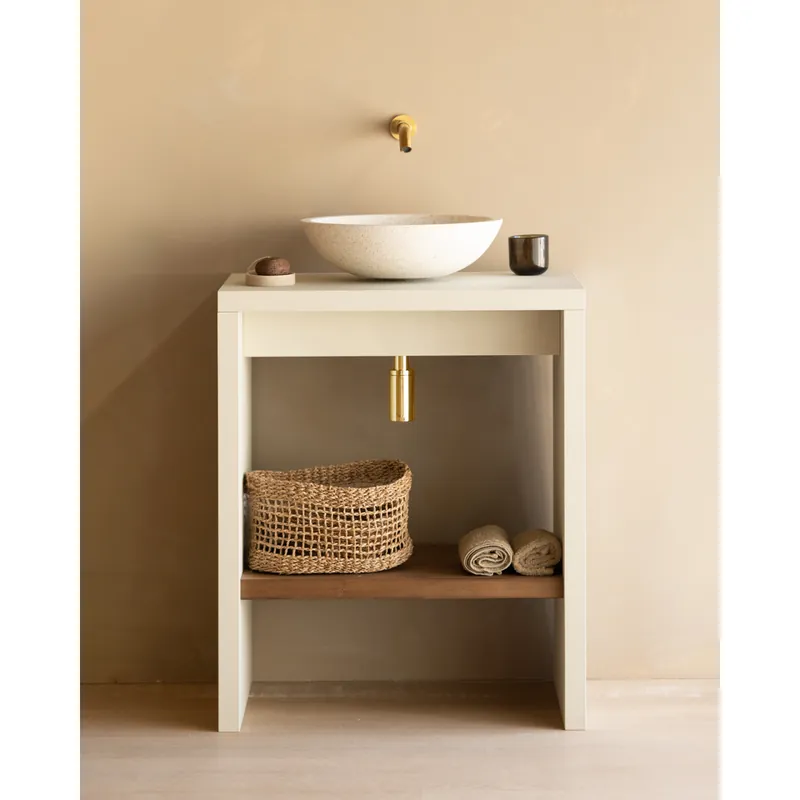 Mueble de baño microcemento blanco en tono roble oscuro de 70cm - Inicio