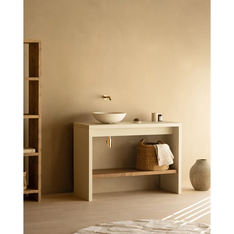Mueble de baño microcemento blanco en tono roble oscuro de 120cm - Inicio