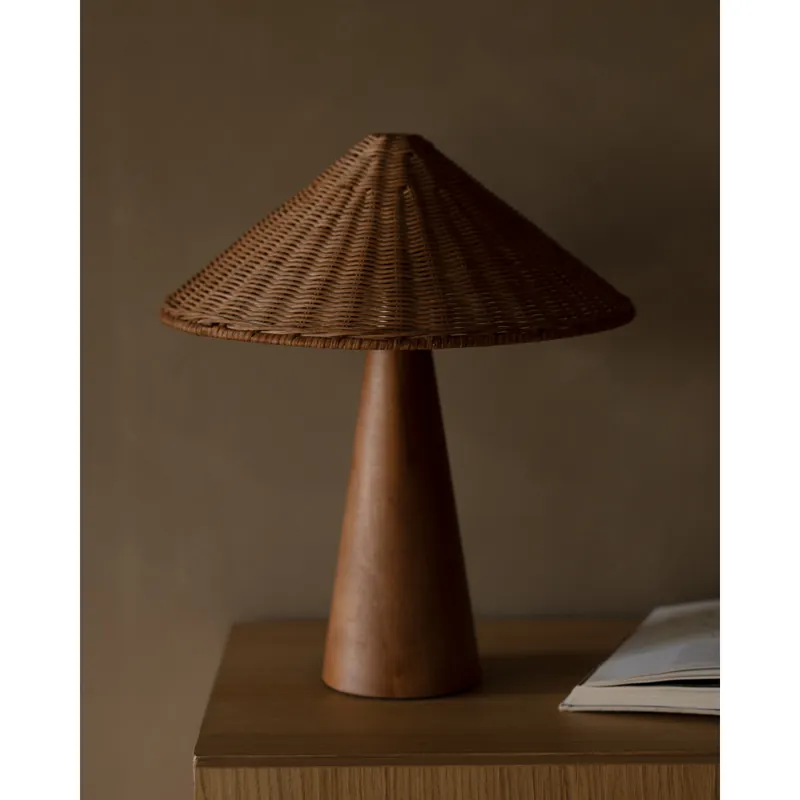 Lámpara de mesa de madera y ratán en color marrón y natural de 41cm - Inicio