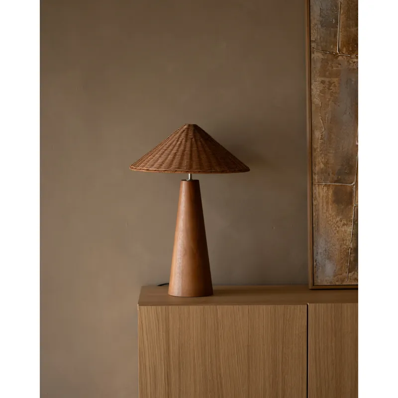 Lámpara de mesa de madera y ratán en color marrón y natural de 56cm - Inicio