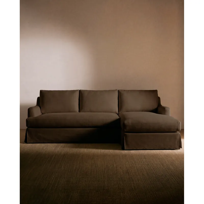 Sofá desenfundable con chaise longue derecha de color marrón chocolate de 285cm - Inicio