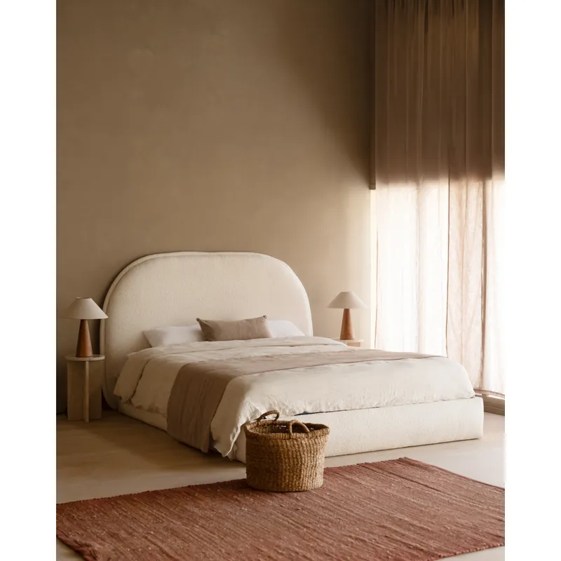 Cama con canapé tapizada en bouclé en color blanco para colchón de 135cm - Inicio