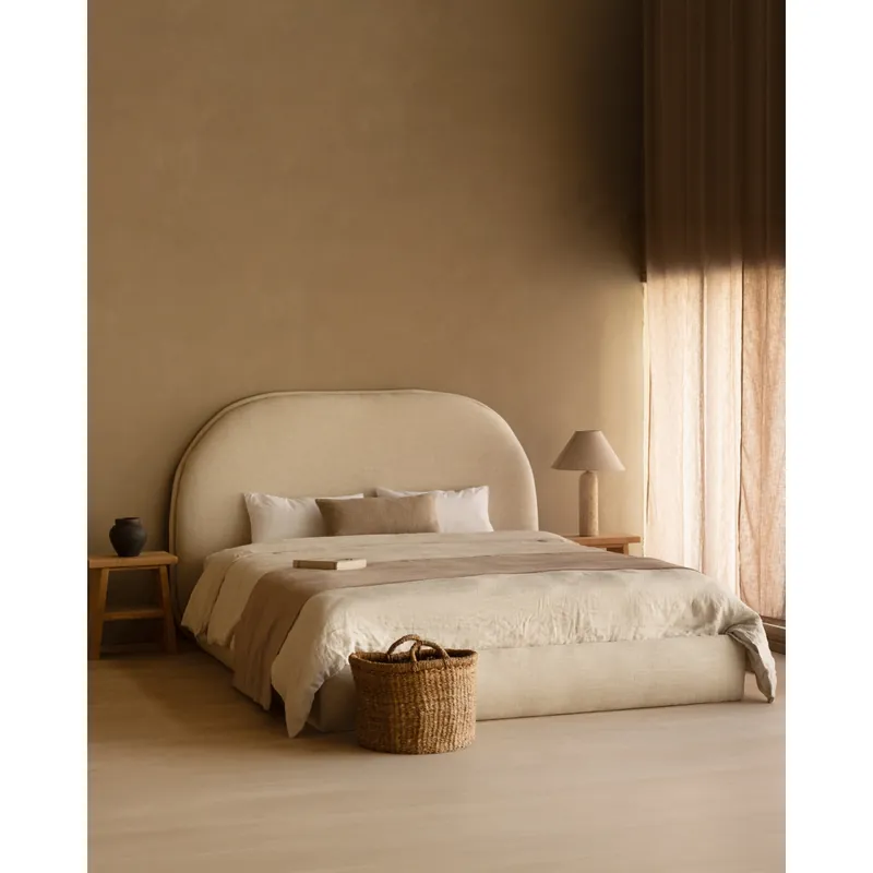 Cama con canapé tapizada en lino en color beige para colchón de 135cm - Inicio