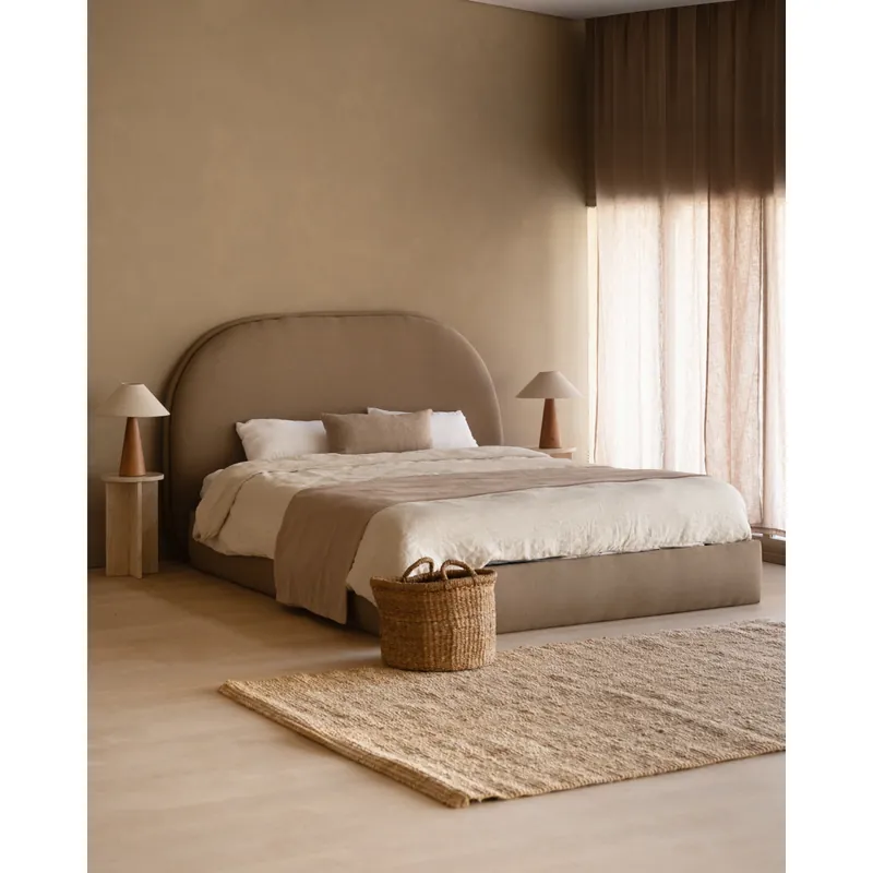 Cama con canapé tapizada en lino en color marrón para colchón de 135cm - Inicio