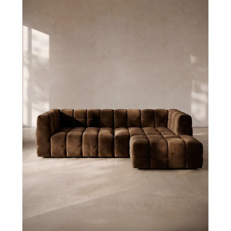 Sofá con chaise longue derecha de terciopelo en color marrón chocolate de 297cm - Inicio