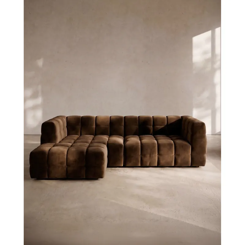 Sofá con chaise longue izquierdo de terciopelo en color marrón chocolate de 297cm - Inicio