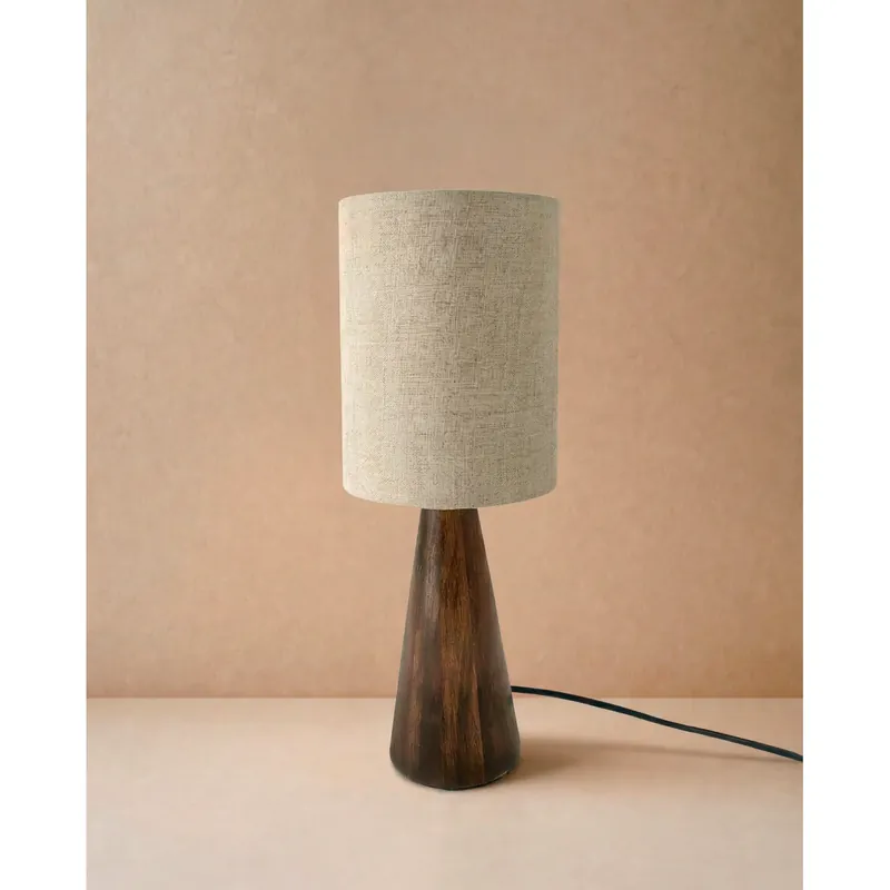 Lámpara de mesa de madera y tela con pantalla en color natural y base en roble oscuro de 14cm - Inicio