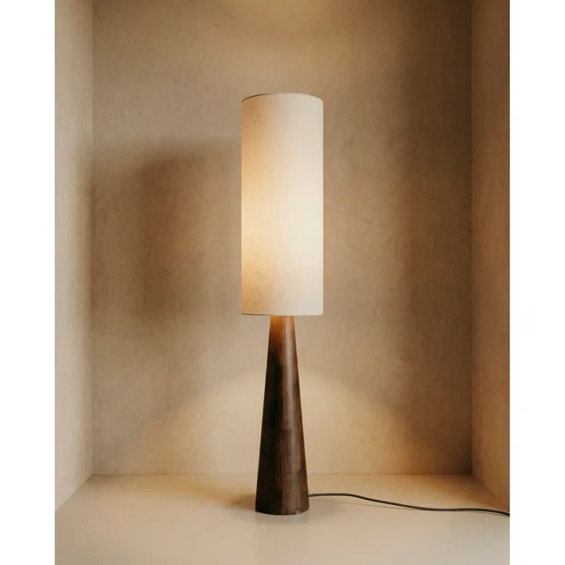 Lámpara de pie de madera y tela con pantalla en color natural y base en roble oscuro de 30cm - Inicio